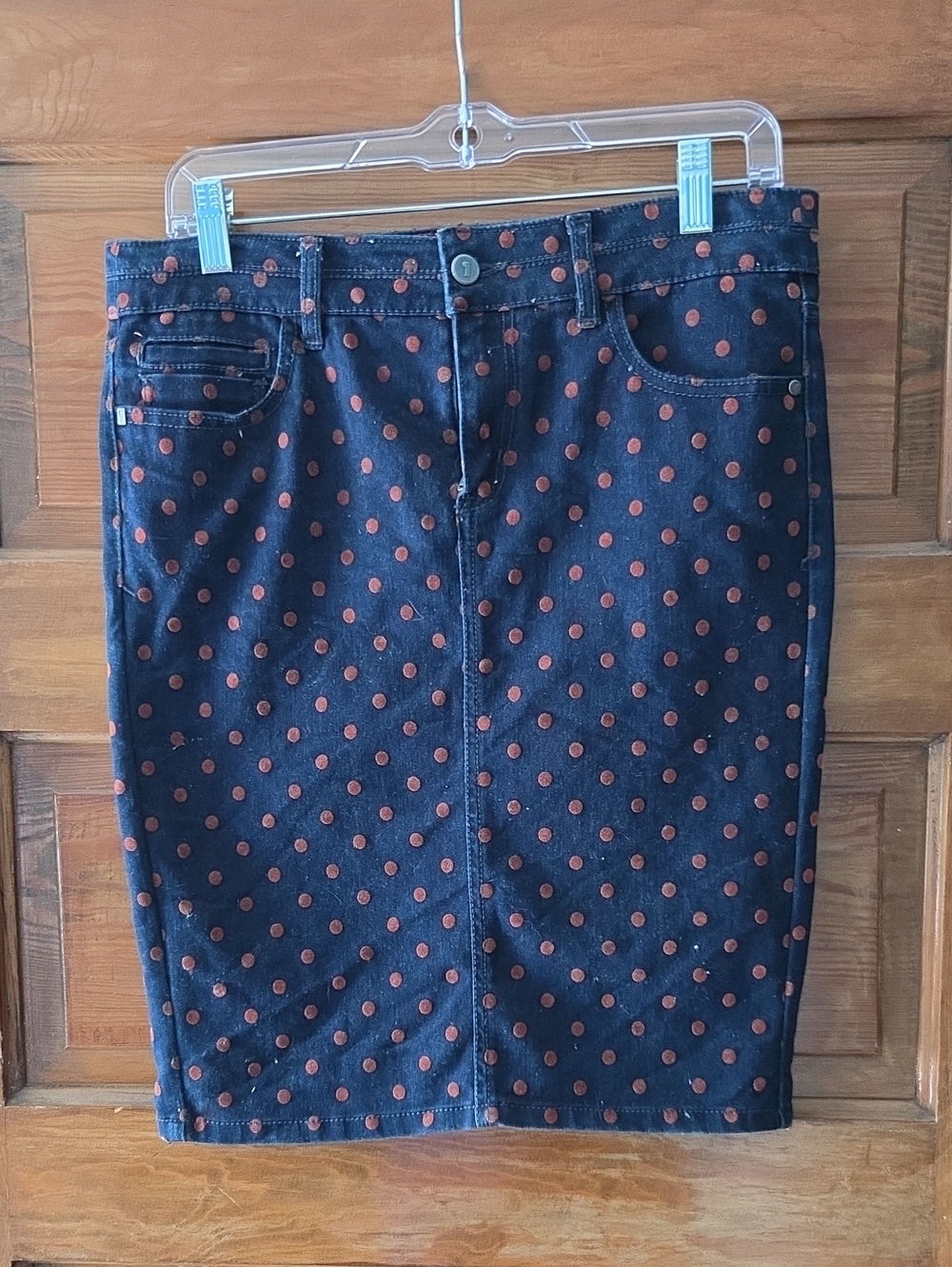 Women’s Navy Denim Pencil Skirt with Rust Polka Dots